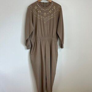 Handmade Womens Large Taupe Grey Long Sleeve Embellished Jewel Neckline Jumpsuit